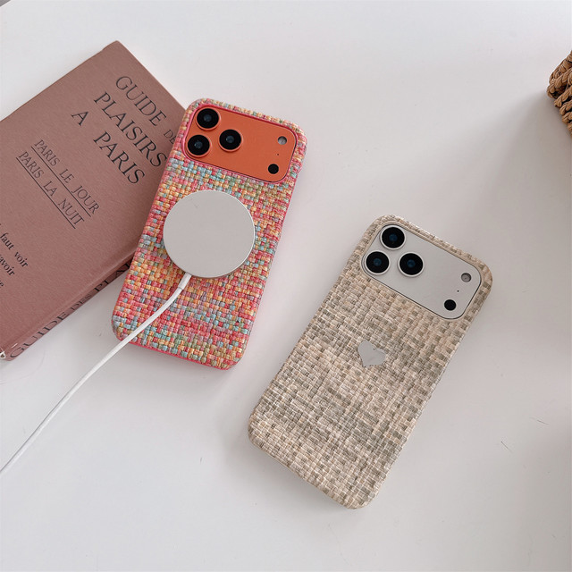 Fashion Weave Texture Mirror Surface love Heart Phone case for iphone 16 17 Pro Max Magnetic Wireless Charging Protective Shell