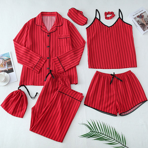 Women's 7-Piece Loungewear Set Striped Print Pajamas Button-<b>Down</b> Top + Cami + <b>Pants</b> + Shorts Accessories Sleepwear Fashion - Product Image 2