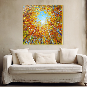 Dipinto Paesaggistico Autunnale su Tela, Foresta di Betulla Dipinta a Mano con Luce Solare, Arte Murale Acrilica per Casa - Product Image 5