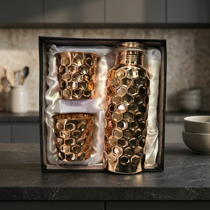 Hammered Copper Water Bottle Set With 2 Glasses Gift Box Leakproof Metal <b>Drinkware</b> for Travel Gifting - Indian Home Crafts - Product Image 3