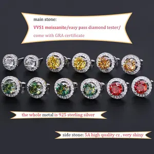 Tren baru anting stud moissanite berwarna 925 perak murni potongan brillant bulat anting-anting hitam moisasnite untuk pria wanita