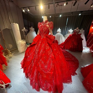 Wx75 Red Quinceanera Party Ball Gown 15 Year Old Dresses Vintage Chapel Train 100% Polyester for - Product Image 4