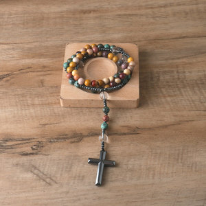 8mm Piedra Natural Moukaite católico Cristo Rosario collares meditación joyería Cruz colgante hombres collar - Product Image 5