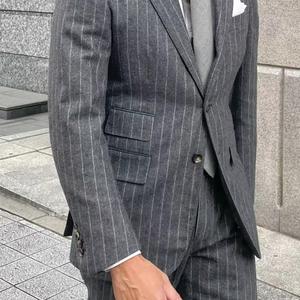 <span class=keywords><strong>Costume</strong></span> en laine gris à fines rayures pour <span class=keywords><strong>homme</strong></span>, tissu flanelle respirant 360g, coupe ajustée, veste croisée, style italien, semi-entoilée, col en V - Product Image 2