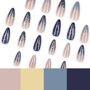 Faux Ongles en Gel 2026 Style Ciel Étoilé, Longs Amande à Coller, Base Nude <span class=keywords><strong>Bleu</strong></span> <span class=keywords><strong>Marine</strong></span> avec Paillettes Étoiles Dorées, Faux Ongles Acryliques - Product Image 4