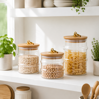 Bocaux de rangement en verre borosilicate en gros, plusieurs tailles, avec couvercle en bambou côtelé, hermétiques, pour cuisine, café et bonbons