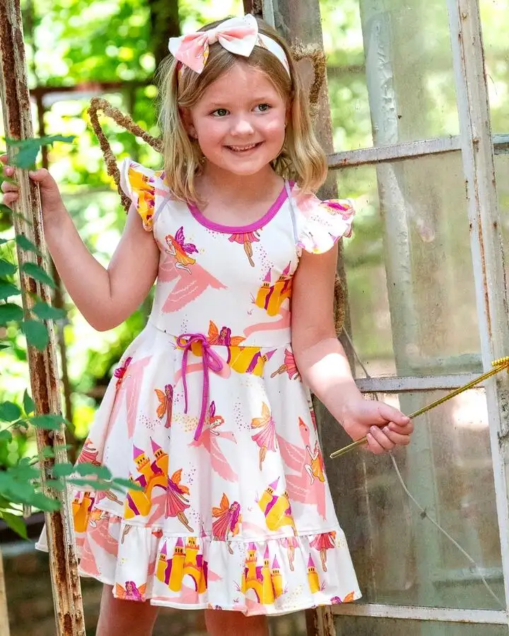 Ultimo design bambini estate piccole maniche volanti fiocco angelo stampa bambini vestito carino dolce neonate vestito