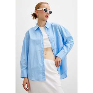 Mango Women's Regular Fit Poplin Shirt Light Blue Button <b>Down</b> Casual Everyday Style - Product Image 5