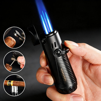Briquet torche coupe-vent à triple flamme bleue rechargeable au butane avec porte-cigare, perforateur et aiguille