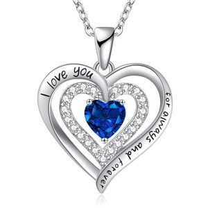 Collar con Doble Corazón de Piedra de Nacimiento de Septiembre, Colgante Grabado con la Frase 'Te Amo para Siempre' con Corazón de Zafiro Sintético y Circonita Cúbica Plateada - Product Image 1