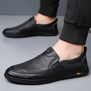 Chaussures bateau pour homme en cuir véritable, à enfiler, bout rond, respirantes, semelle en caoutchouc, chaussures décontractées d'été - Product Image 3
