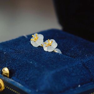 Boucles d'oreilles clous en or pur 18 carats Xinfly, motif fleur de jade blanc, cadeau unisexe pour anniversaire, pour femme - Product Image 5