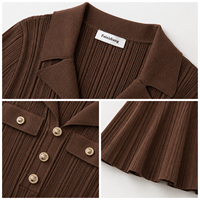 Robe midi en maille fine marron pour femme, col polo, manches courtes, vente en gros