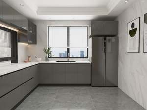 Armoires de cuisine modernes en forme de L de couleur grise SANTOPOVA avec éclairage LED et rangement intégré - Product Image 3