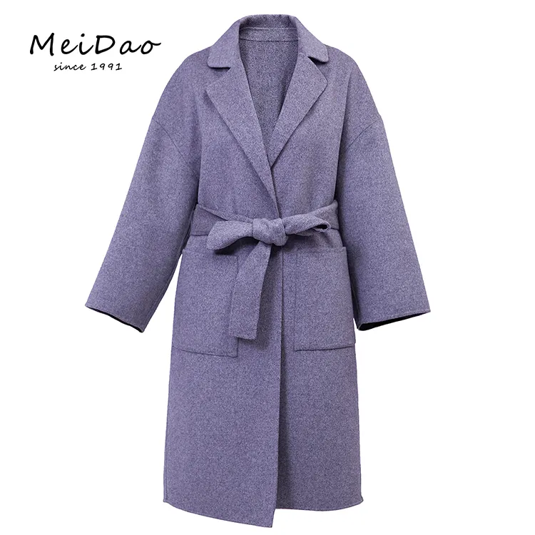 MEIDAO-010036 Long Grey Belted Wrap Wool Coat