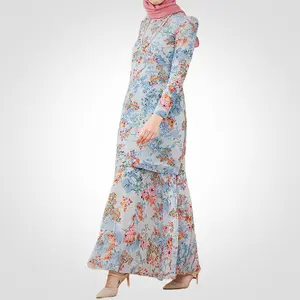 Sipo Eid Hot Selling Malaysia Muslimah Wanita Gezwollen Schouder Moslim Blauwe Bloemenjurk Moderne Baju Kurung