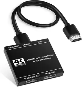 4K @ 60hz音频HDMI分离器1进2出，音频链接铝制HDMI分离器，用于具有相同图像的双显示器