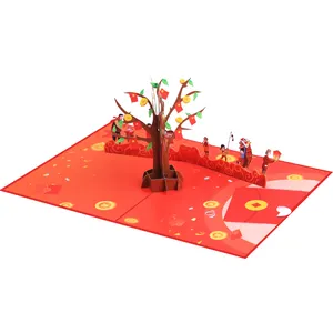 Yeni dijital baskı kağıdı Kraft 3D Pop Up kartları kırmızı ağaçlar MINI 3d Pop Up zarf ile