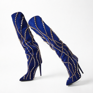 Botas de tacón de aguja con punta puntiaguda y tachuelas para mujer, con parte superior de PU y suela de goma, ideales para fiestas y vestidos. - Product Image 1