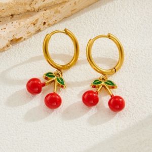 Cherry Dangle Earrings Gold Plated Zinc Alloy Stainless Steel Studs Fruit Shape Drop Earrings For Women Fashion Jewelry - Product Image 2