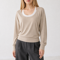 HOO Nouvelle Collection Automne Ensemble Deux Pièces Femme Style Français Col Rond Ample Gilet Superposé Polyvalent Chemise Ample à Manches Longues Longueur Genou TZB839