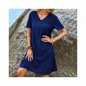 Hot Sale Women's Dresses V Neck Short Sleeves Solid Color Casual Beach Dresses Women Summer
