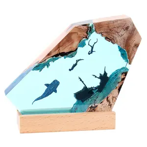 Desktop Solid Wood Resin Nightlight Wrecked Shark and Whale Marine Art Decoration for Bedroom Office Home Accessories Gift