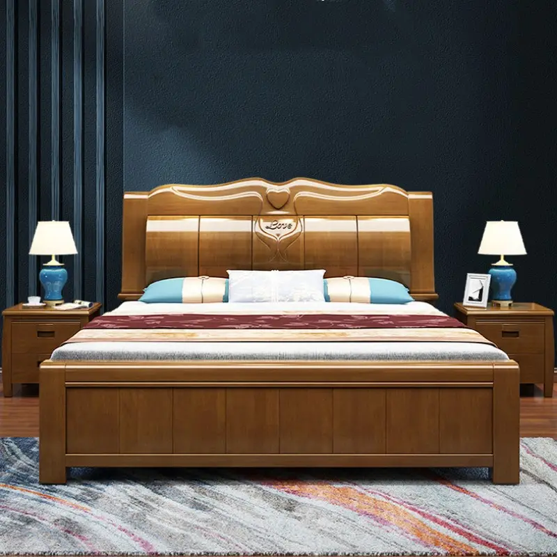 Groothandel Massief Houten Frame Queen Size Bed Eenvoudig Tweepersoonsbed Opbergbedden Slaapkamerset Meubels