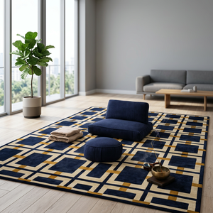 Alfombra Moderna Geométrica Azul Marino Rectangular Antideslizante con Diseño de Pelo Medio para Sala de Estar - Product Image 3