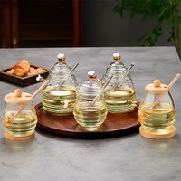 BAMBUS 450ml Pot de miel en verre à haute teneur en borosilicate Ensemble de bidons Conception simple pour le stockage des aliments et le stockage du miel avec cuillère