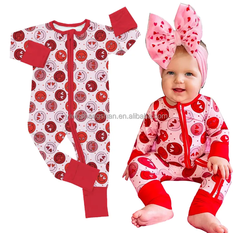 Güzel bebek bebekler uzun tarzı pijama takım elbise fermuar Romper süt ipek kalp gülen yüz baskılı çocuklar cabrio eller ayaklar Feet