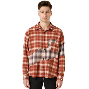 Chemise à boutons unisexe personnalisée TOPSHOW GARMENT OEM, patchwork, couleur contrastée, chemise en flanelle à carreaux délavée, manches longues pour hommes - Product Image 3