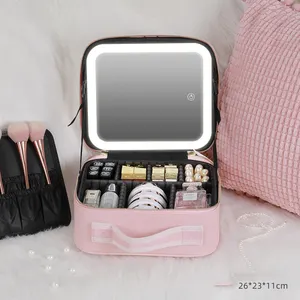Fabricación Venta caliente Led Light Mirror gran capacidad escritorio belleza maquillaje herramienta kits caso portátil profesional PU almacenamiento órgano
