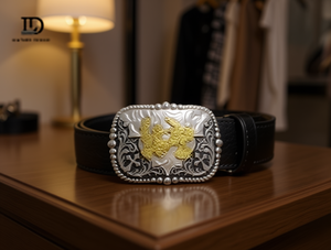Hebilla de cinturón redonda grande plateada con detalles dorados de 5.0 cm para hombre, estilo occidental - Product Image 2