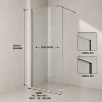 Porte de douche sans cadre 700-1200 mm de largeur et 2000 mm de hauteur, panneau de douche fixe simple en verre transparent, paroi de douche en verre trempé