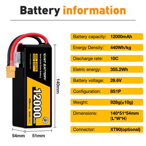 Batería de Dron UAV de Estado Semisólido sin Ánodo 8S1P 29.6V 12000mAh 10C, 440Wh/kg, Ultra Alta Densidad Energética, Conector XT90-S - Product Image 3