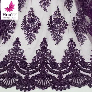 HY2432 Heavy work purple same border tulle beaded lace fabric embroidery with sequins applique fabric dress wholesale