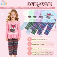 Ensemble deux pièces personnalisé pour filles, haut à volants avec applique renard et pantalon chevron, vêtements pour enfants en gros OEM pour le printemps