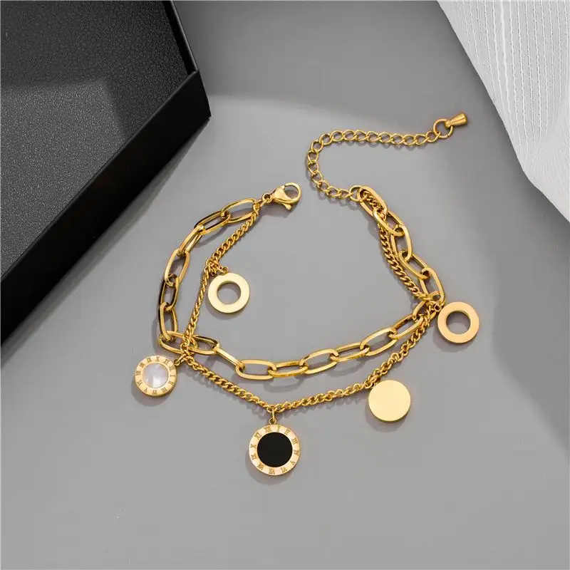 Pulseira & bracelete feminino, pulseira luxuosa de marca famosa, ouro rosa, aço inoxidável, algarismos romanos, bracelete & pulseira charme para mulheres