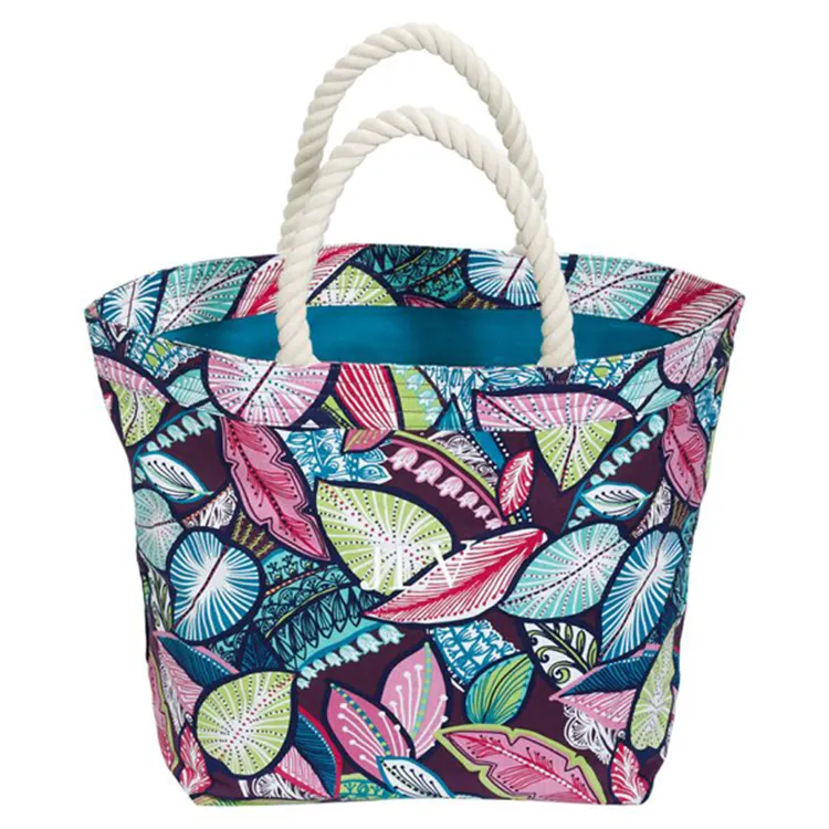 printed cotton canvas beach bag with braided rope handles