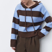 GUOOU New Series Blue Brown Striped Hooded Knit Pullover Women's Wool Long Sleeve Cropped Top