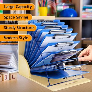 Wooden Document <b>Organizer</b> With Blue Clipboards 8 Tier Standing Desk <b>File</b> Holder For Office Home Use - Product Image 3