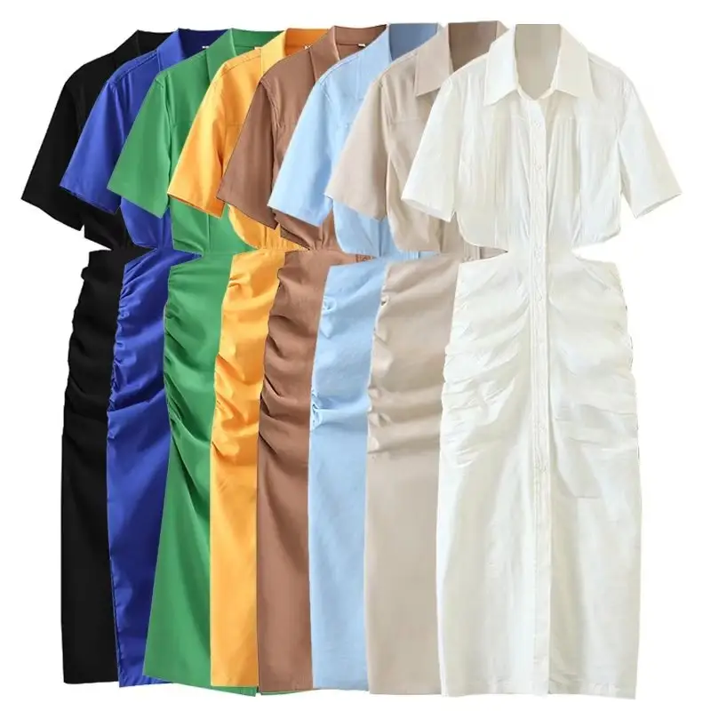 여름 TAOP & ZA 여성의 유럽과 미국 스타일 옷깃 반팔 하이 웨이스트 중공 디자인 buttoned 중간 길이 원피스