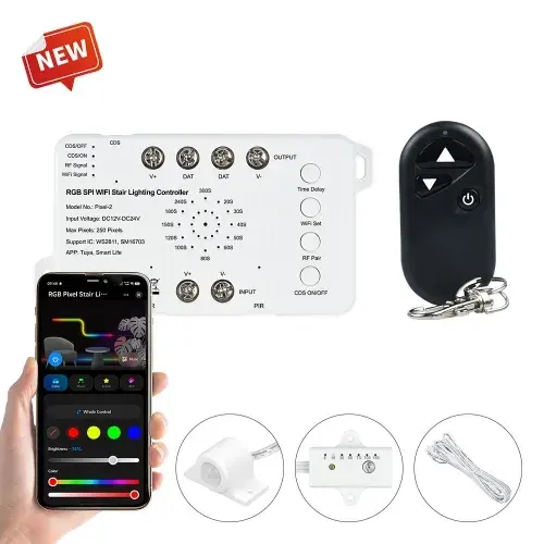 Tuya Smart WiFi RGB SPI Stair Lighting Controller with Water Flow Effect App Controlled LED Step Lights for Indoor/Outdoor Stair