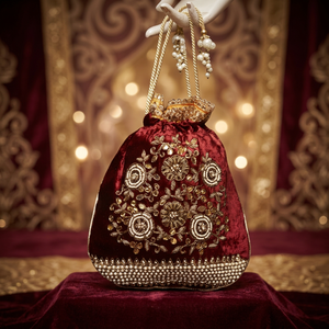 Maroon Velvet Embroidered Beaded Clutch <b>Bag</b> With Chain Strap For Evening Party - Product Image 3