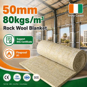 Laine de <span class=keywords><strong>roche</strong></span> basaltique EN13501 ignifuge de Côte d'Ivoire, 80 kg/m³, 50 mm, la plus vendue, en rouleau, pour isolation des murs, des tuyaux et des entrepôts - Product Image 1