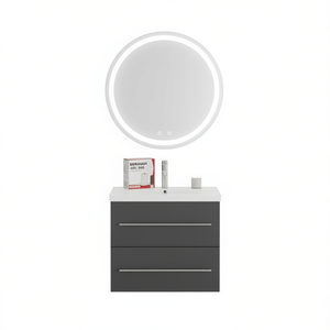 Mueble de Baño Gris con Espejo Redondo LED de 15.7x15.7x6.9, Diseño Moderno y Contemporáneo, Mueble de Pie con Lavabo de Cerámica - Product Image 1