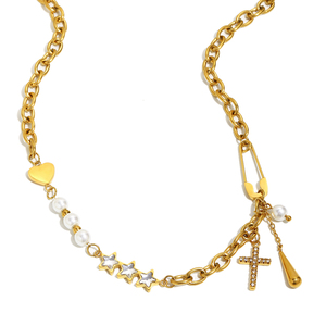 <span class=keywords><strong>Collier</strong></span> chaîne de perles d'imitation Dreamshow avec pendentif étoile et croix en zircon, bijoux plaqués or en acier inoxydable - Product Image 2
