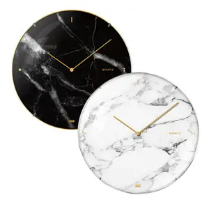 Relógio de parede estampado de mármore, relógio redondo grande de 14 polegadas de vidro, plástico minimalista, relógio preto liso personalizado