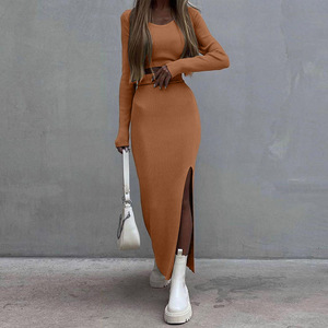 Conjunto <span class=keywords><strong>Elegante</strong></span> de Punto Elástico de Color Sólido para Mujer con Falda Larga y Camiseta de Manga Larga - Product Image 1